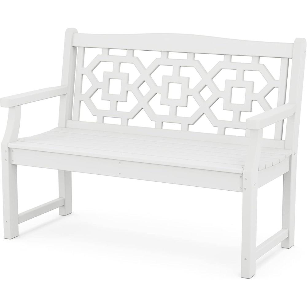 imageMartha Stewart by POLYWOOD Chinoiserie 48 Outdoor Bench for Patio Porch amp Backyard Sand Durable AllWeather HDPE Garden Seat with Back Support Classic 2 Person Seating Made in The USAWhite