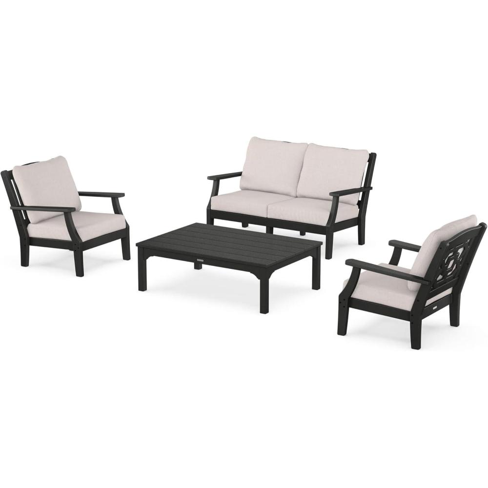 imageMartha Stewart by POLYWOOD Chinoiserie 4Piece Deep Seating Set with Loveseat in SandGlacier SpaBlack Dune Burlap