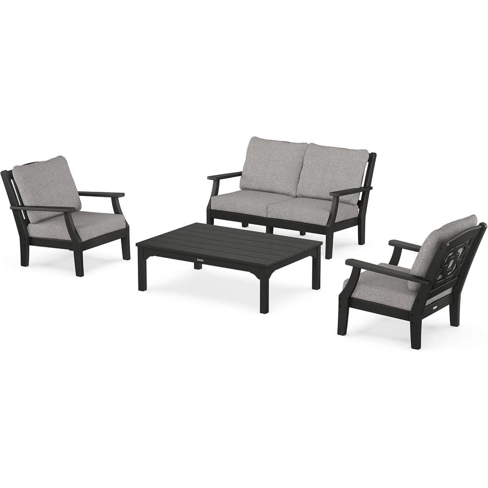 imageMartha Stewart by POLYWOOD Chinoiserie 4Piece Deep Seating Set with Loveseat in SandGlacier SpaBlack Grey Mist