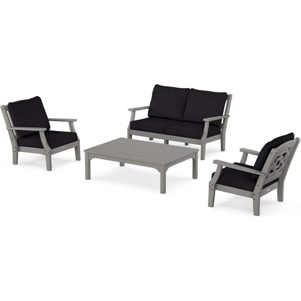 imageMartha Stewart by POLYWOOD Chinoiserie 4Piece Deep Seating Set with Loveseat in SandGlacier SpaSlate Grey Midnight Linen