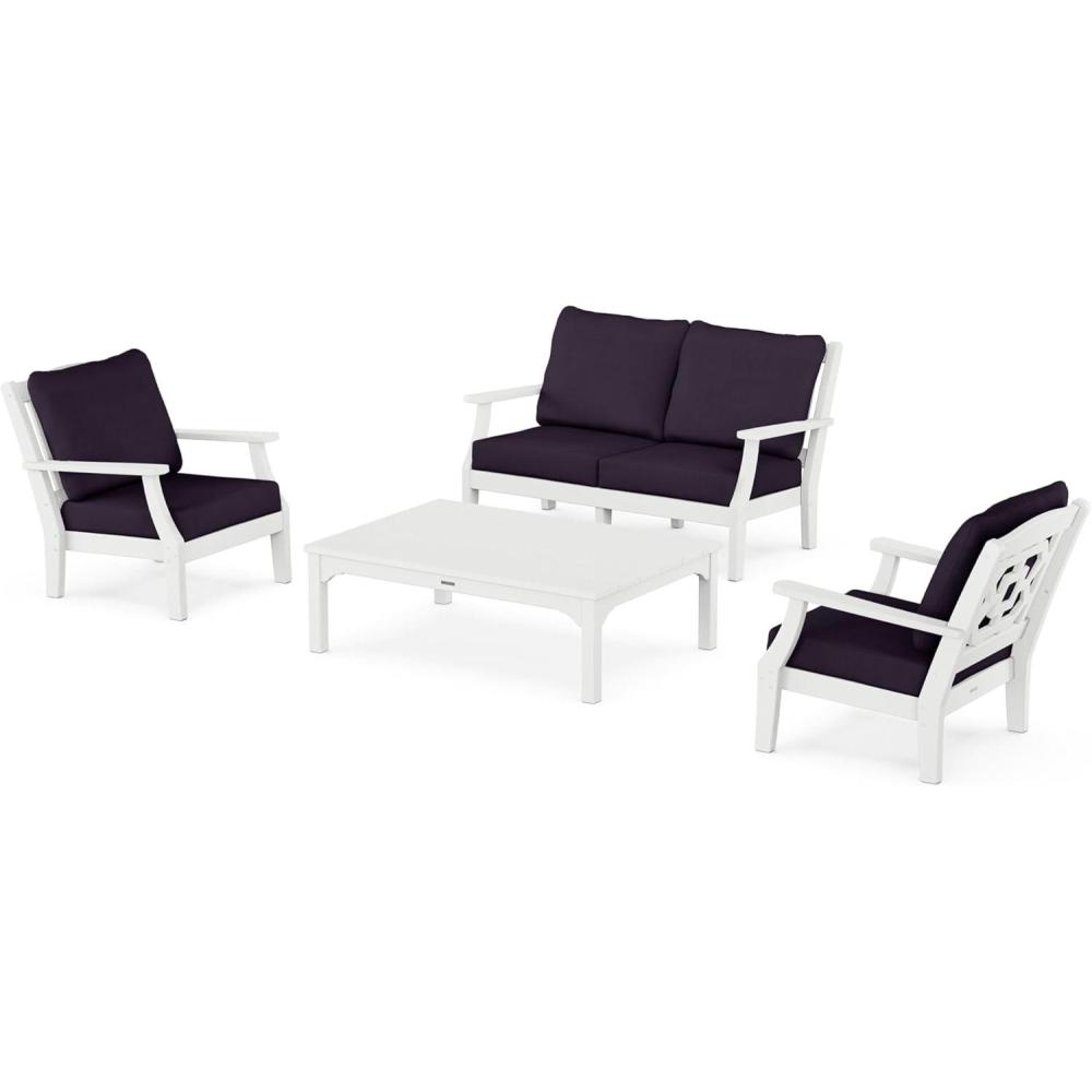 imageMartha Stewart by POLYWOOD Chinoiserie 4Piece Deep Seating Set with Loveseat in SandGlacier SpaWhite Navy Linen