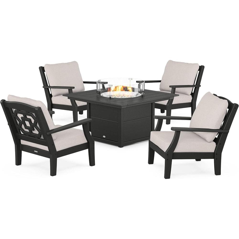imageMartha Stewart by POLYWOOD Chinoiserie 5Piece Deep Seating Set with Fire Pit Table in SandGlacier SpaBlack Dune Burlap