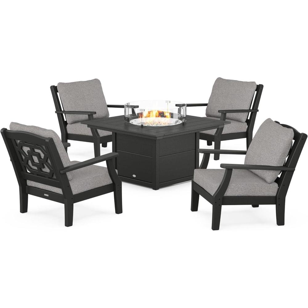 imageMartha Stewart by POLYWOOD Chinoiserie 5Piece Deep Seating Set with Fire Pit Table in SandGlacier SpaBlack Grey Mist