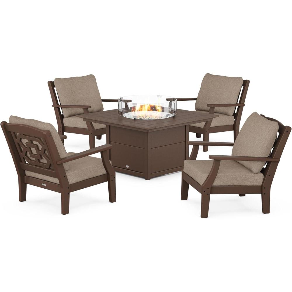 imageMartha Stewart by POLYWOOD Chinoiserie 5Piece Deep Seating Set with Fire Pit Table in SandGlacier SpaMahogany Spiced Burlap