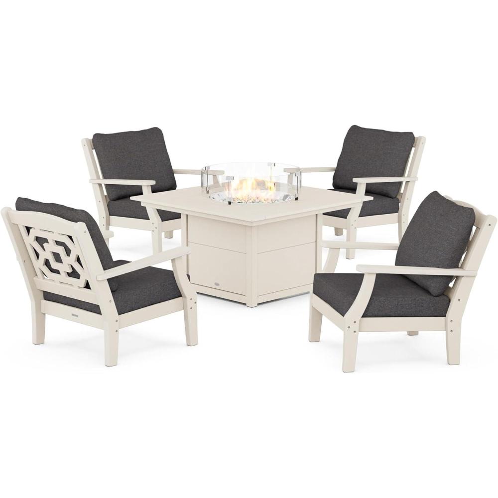 imageMartha Stewart by POLYWOOD Chinoiserie 5Piece Deep Seating Set with Fire Pit Table in SandGlacier SpaSand Ash Charcoal