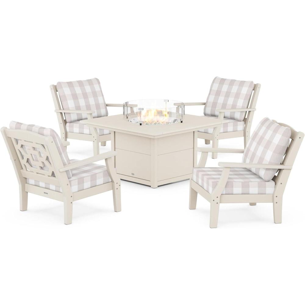 imageMartha Stewart by POLYWOOD Chinoiserie 5Piece Deep Seating Set with Fire Pit Table in SandGlacier SpaSand Buffalo Plaid Dune Burlap