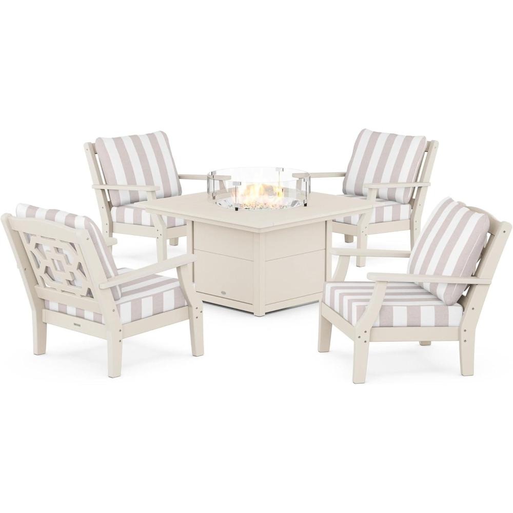 imageMartha Stewart by POLYWOOD Chinoiserie 5Piece Deep Seating Set with Fire Pit Table in SandGlacier SpaSand Cabana Stripe Dune Burlap