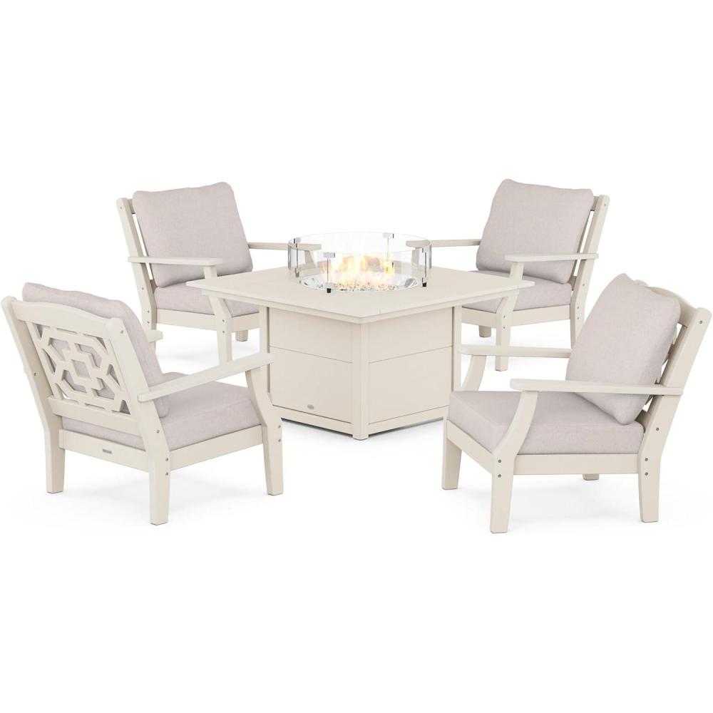 imageMartha Stewart by POLYWOOD Chinoiserie 5Piece Deep Seating Set with Fire Pit Table in SandGlacier SpaSand Dune Burlap
