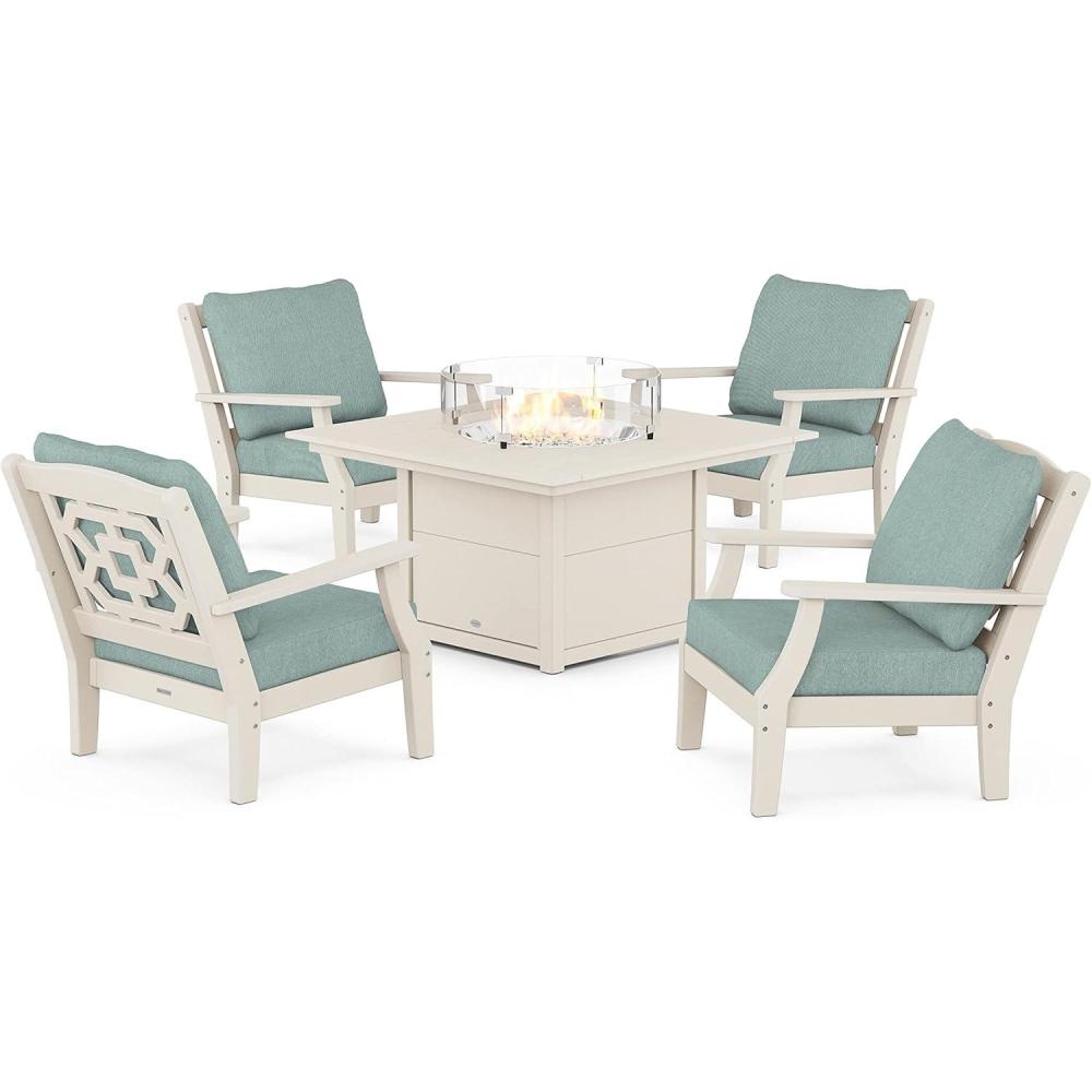 imageMartha Stewart by POLYWOOD Chinoiserie 5Piece Deep Seating Set with Fire Pit Table in SandGlacier SpaSand Glacier Spa