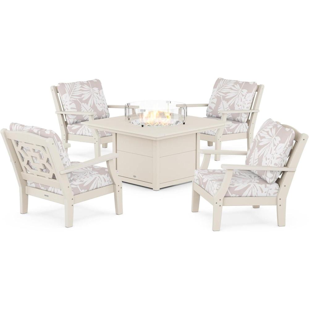imageMartha Stewart by POLYWOOD Chinoiserie 5Piece Deep Seating Set with Fire Pit Table in SandGlacier SpaSand Leaf Dune Burlap