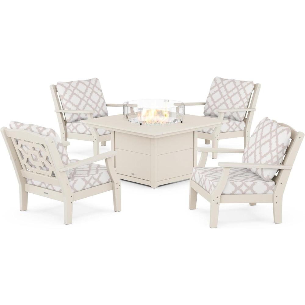 imageMartha Stewart by POLYWOOD Chinoiserie 5Piece Deep Seating Set with Fire Pit Table in SandGlacier SpaSand Trellis Dune Burlap