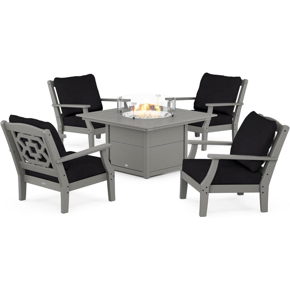 imageMartha Stewart by POLYWOOD Chinoiserie 5Piece Deep Seating Set with Fire Pit Table in SandGlacier SpaSlate Grey Midnight Linen