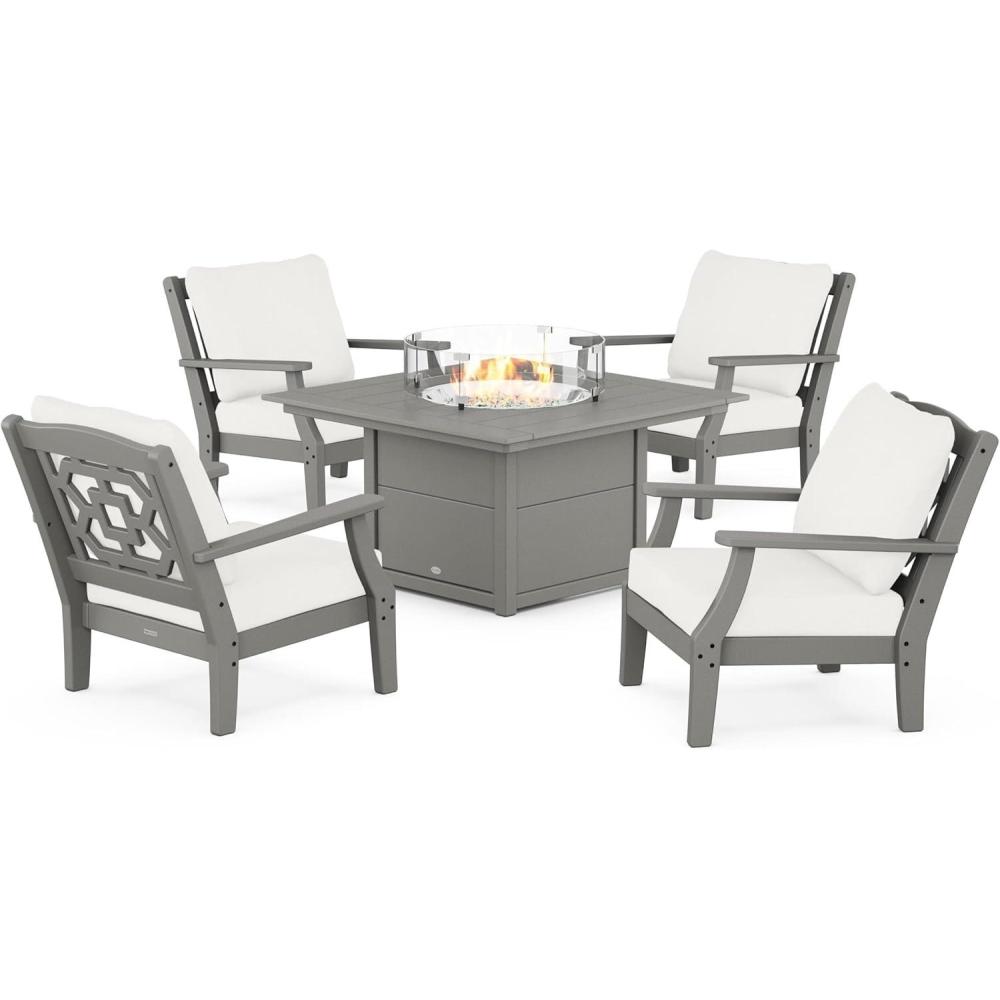 imageMartha Stewart by POLYWOOD Chinoiserie 5Piece Deep Seating Set with Fire Pit Table in SandGlacier SpaSlate Grey Natural Linen