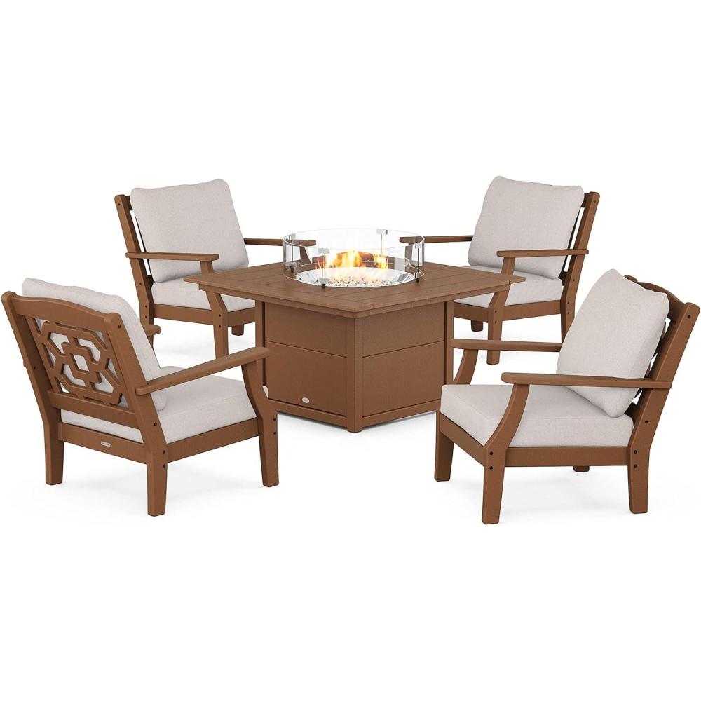 imageMartha Stewart by POLYWOOD Chinoiserie 5Piece Deep Seating Set with Fire Pit Table in SandGlacier SpaTeak Dune Burlap