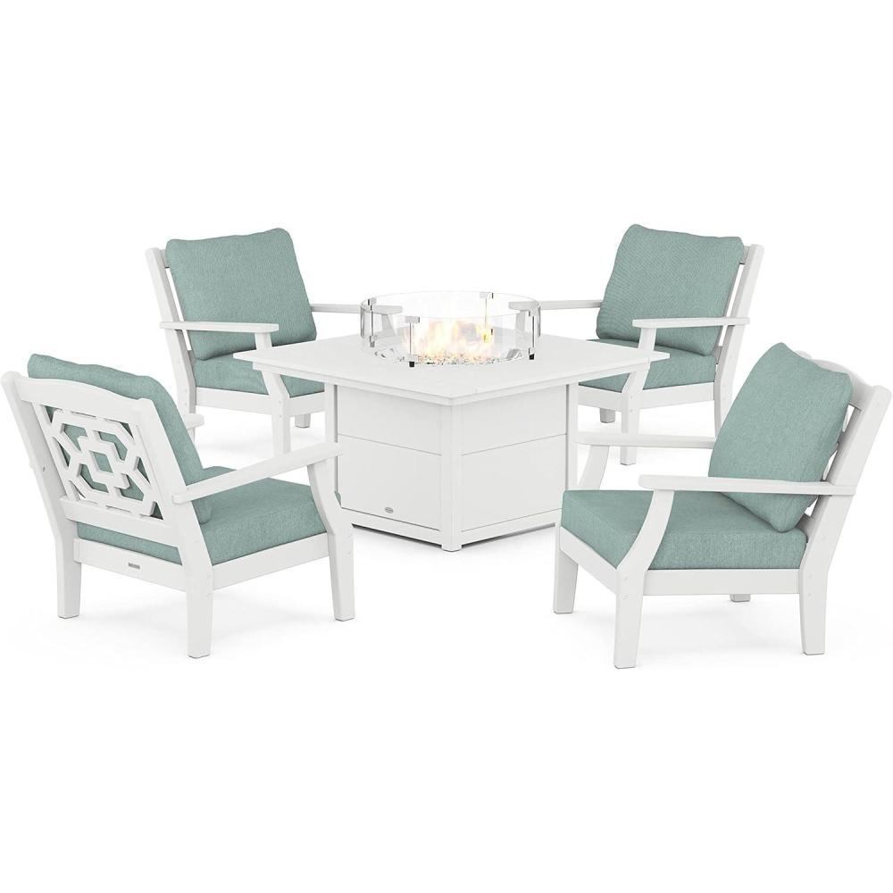 imageMartha Stewart by POLYWOOD Chinoiserie 5Piece Deep Seating Set with Fire Pit Table in SandGlacier SpaWhite Glacier Spa