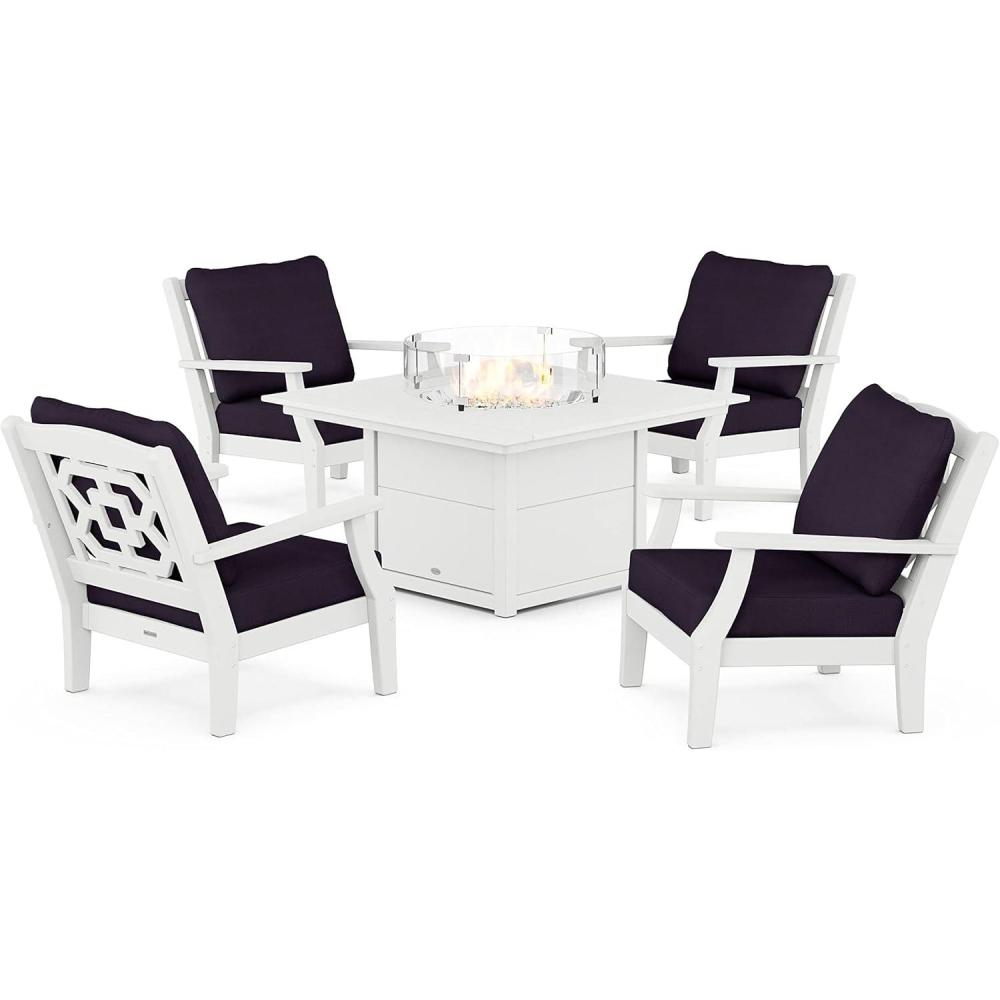 imageMartha Stewart by POLYWOOD Chinoiserie 5Piece Deep Seating Set with Fire Pit Table in SandGlacier SpaWhite Navy Linen