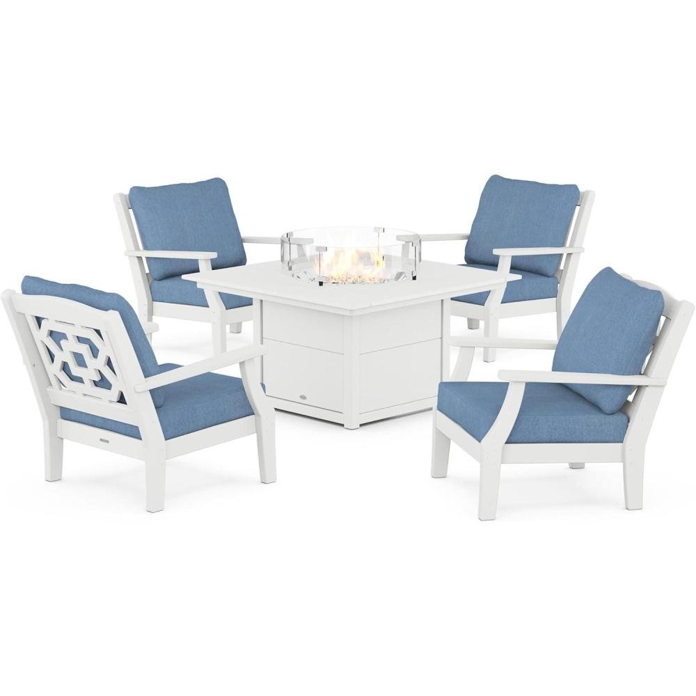 imageMartha Stewart by POLYWOOD Chinoiserie 5Piece Deep Seating Set with Fire Pit Table in SandGlacier SpaWhite Sky Blue