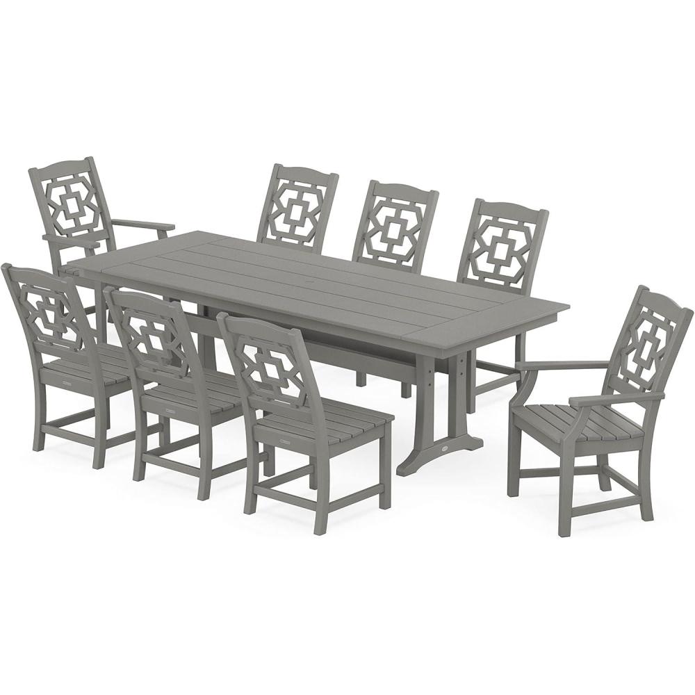 imageMartha Stewart by POLYWOOD Chinoiserie 9Piece Farmhouse Dining Set with Trestle Legs in SandSlate Grey