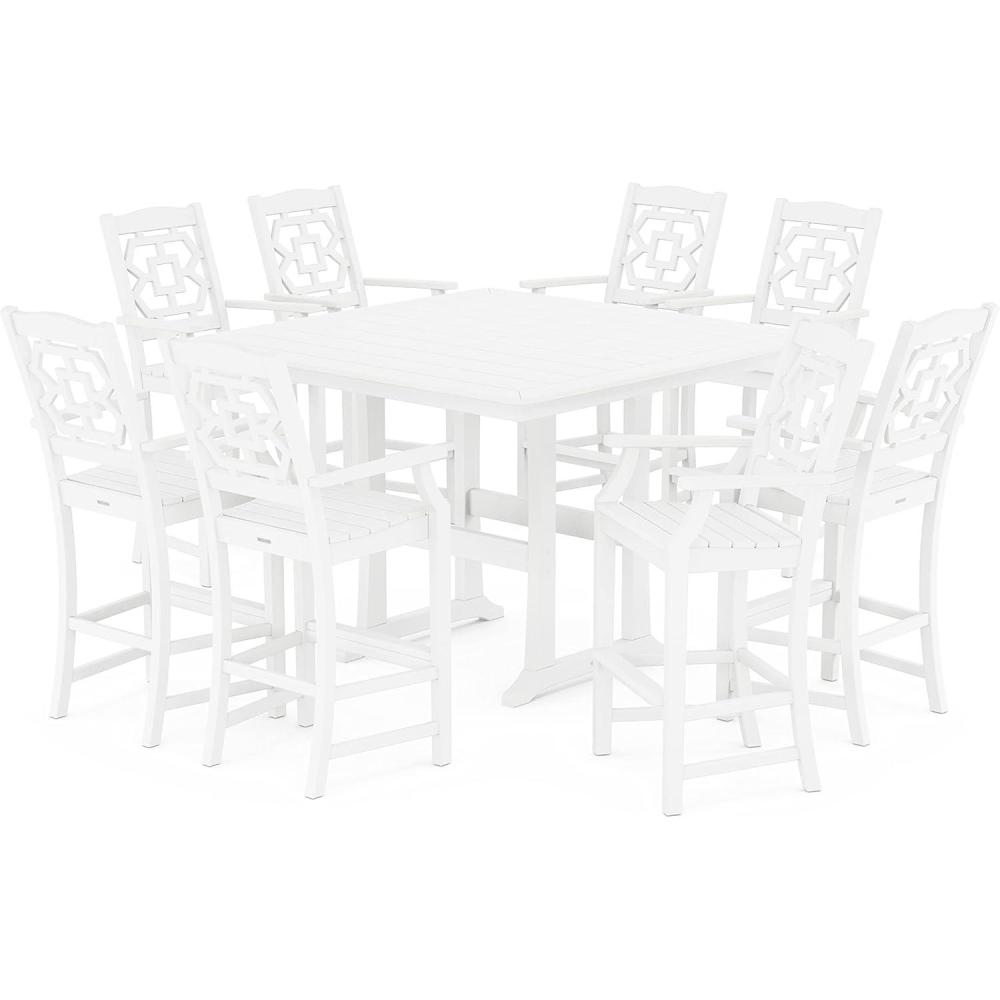 imageMartha Stewart by POLYWOOD Chinoiserie 9Piece Square Bar Set with Trestle Legs in SandWhite