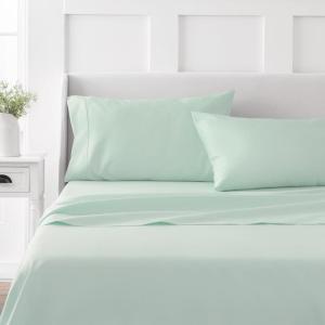 MARTHA STEWART 100% Cotton Full Size Sheet Set – 4 Piece, Soft, Smooth, Durable, Easy Care, 16″ Deep Pocket Sheets, Sateen Sheets, 1 Flat, 1 Fitted, 2 Pillowcases, Light Blue(Mint)