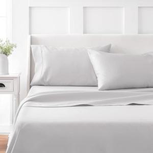 MARTHA STEWART 100% Cotton Full Size Sheet Set – 4 Piece, Soft, Smooth, Durable, Easy Care, 16″ Deep Pocket Sheets, Sateen Sheets, 1 Flat, 1 Fitted, 2 Pillowcases, Light Blue(Light Gray)