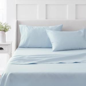 MARTHA STEWART 100% Cotton Full Size Sheet Set – 4 Piece, Soft, Smooth, Durable, Easy Care, 16″ Deep Pocket Sheets, Sateen Sheets, 1 Flat, 1 Fitted, 2 Pillowcases, Light Blue(Light Blue)