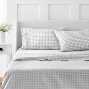 MARTHA STEWART 100% Cotton Full Size Sheet Set – 4 Piece, Soft, Smooth, Durable, Easy Care, 16″ Deep Pocket Sheets, Sateen Sheets, 1 Flat, 1 Fitted, 2 Pillowcases, Light Blue(Gingham Light Gray)