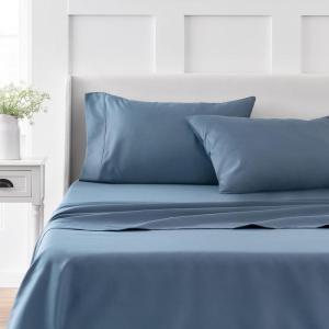 MARTHA STEWART 100% Cotton Full Size Sheet Set – 4 Piece, Soft, Smooth, Durable, Easy Care, 16″ Deep Pocket Sheets, Sateen Sheets, 1 Flat, 1 Fitted, 2 Pillowcases, Light Blue(Blue)