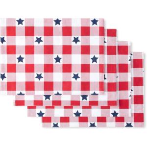 MARTHA STEWART Americana Star Gingham Plaid Indoor Placemat 4-Pack Set, Reversible, Patriotic USA America Decor, Red/White/Blue, 14″x72″