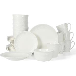 Martha Stewart 16 Piece Basket Weave New Bone China Embossed Porcelain Chip and Scratch Resistant Dinnerware Set(White (Embossed))
