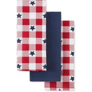 Martha Stewart Americana Star Gihgham Holiday Kitchen Towels 3-Pack Set, 100% Cotton, Absorbent, Patriotic USA America Decor, Red/White/Blue, 16″x28″