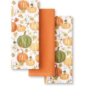 Martha Stewart Autumn Harvest Falling Leaves Kitchen Towel 3-Pack Set, 100% Cotton with Absorbent Terrycloth, Decorative Kitchen Towels, Tan/Red/Green, 16″x28″(Orange/Green/Ivory)