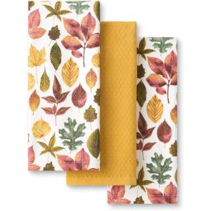 Martha Stewart Autumn Harvest Falling Leaves Kitchen Towel 3-Pack Set, 100% Cotton with Absorbent Terrycloth, Decorative Kitchen Towels, Tan/Red/Green, 16″x28″(Tan/Red/Green)