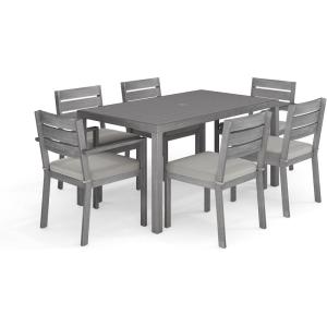 Martha Stewart Bedford 7 Piece Aluminum Patio Set with 62″ Table and 6 Stackable Chairs with Gray Brushed Woodgrain Finish, Gray All-Weather Seat Cushions(Grey)