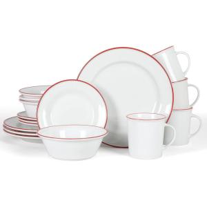 Martha Stewart Cliffield 16-Piece Chip and Scratch Resistant Porcelain Dinnerware Set – White w/Blue Rim(White w/ Red Rim)