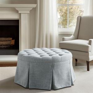 Martha Stewart Cocktail Ottoman for Living Room Fully Upholstered, Button Tufted Round Ottoman Footrest, Pleated Skirt, Extra Seating Bedroom Ottoman Furniture Decor, Terry, 32″ W, Light Blue(Light Blue)