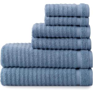 Martha Stewart Egyptian Cotton Bath Towels Set – 6 Piece, 2 Bath Towels – 2 Hand Towels – 2 Washcloths, Absorbent Bathroom Towels, Bathroom Essentials, Oyster(Textured Blue)