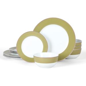 Martha Stewart Gracie Lane High Fired Porcelain Chip and Scratch Resistant Plates and Bowls Set White w/Gold Band, Service for 4(Olive Green w/ Gold Rim)