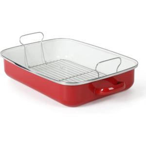 Martha Stewart Thayer 18″ Enamel on Steel Roaster Pan w/Stainless Steel Rack – Red
