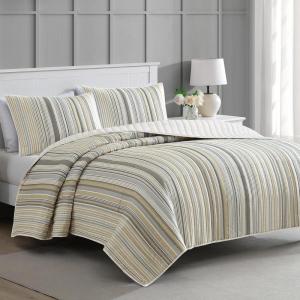 Martha Stewart Twin Size Quilt Bedding Set – 2 Piece, Soft Washed Microfiber, Printed Bedspread, Reversible, All Season, 1 Quilt, 1 Standard Pillow Sham, Blue, White & Red, Painted Floral Print(Lefferts Stripe)
