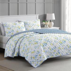Martha Stewart Twin Size Quilt Bedding Set – 2 Piece, Soft Washed Microfiber, Printed Bedspread, Reversible, All Season, 1 Quilt, 1 Standard Pillow Sham, Blue, White & Red, Painted Floral Print(Maribel Floral Vine)