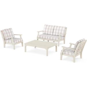 Martha Stewart by POLYWOOD® Chinoiserie 4-Piece Deep Seating Set with Loveseat in Sand/Glacier Spa(Sand / Buffalo Plaid Dune Burlap)
