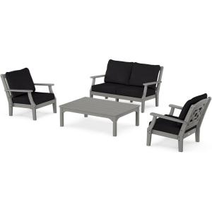 Martha Stewart by POLYWOOD® Chinoiserie 4-Piece Deep Seating Set with Loveseat in Sand/Glacier Spa(Slate Grey / Midnight Linen)