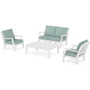 Martha Stewart by POLYWOOD® Chinoiserie 4-Piece Deep Seating Set with Loveseat in Sand/Glacier Spa(White / Glacier Spa)