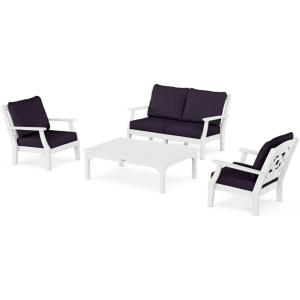Martha Stewart by POLYWOOD® Chinoiserie 4-Piece Deep Seating Set with Loveseat in Sand/Glacier Spa(White / Navy Linen)