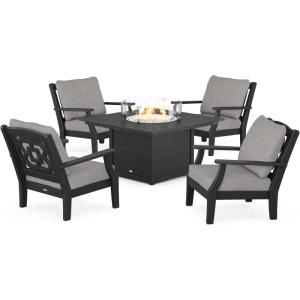 Martha Stewart by POLYWOOD® Chinoiserie 5-Piece Deep Seating Set with Fire Pit Table in Sand/Glacier Spa(Black / Grey Mist)