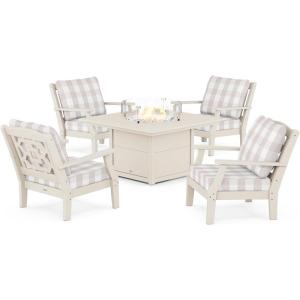 Martha Stewart by POLYWOOD® Chinoiserie 5-Piece Deep Seating Set with Fire Pit Table in Sand/Glacier Spa(Sand / Buffalo Plaid Dune Burlap)