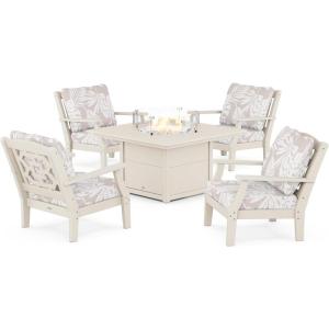 Martha Stewart by POLYWOOD® Chinoiserie 5-Piece Deep Seating Set with Fire Pit Table in Sand/Glacier Spa(Sand / Leaf Dune Burlap)