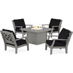 Martha Stewart by POLYWOOD® Chinoiserie 5-Piece Deep Seating Set with Fire Pit Table in Sand/Glacier Spa(Slate Grey / Midnight Linen)