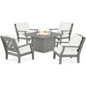 Martha Stewart by POLYWOOD® Chinoiserie 5-Piece Deep Seating Set with Fire Pit Table in Sand/Glacier Spa(Slate Grey / Natural Linen)